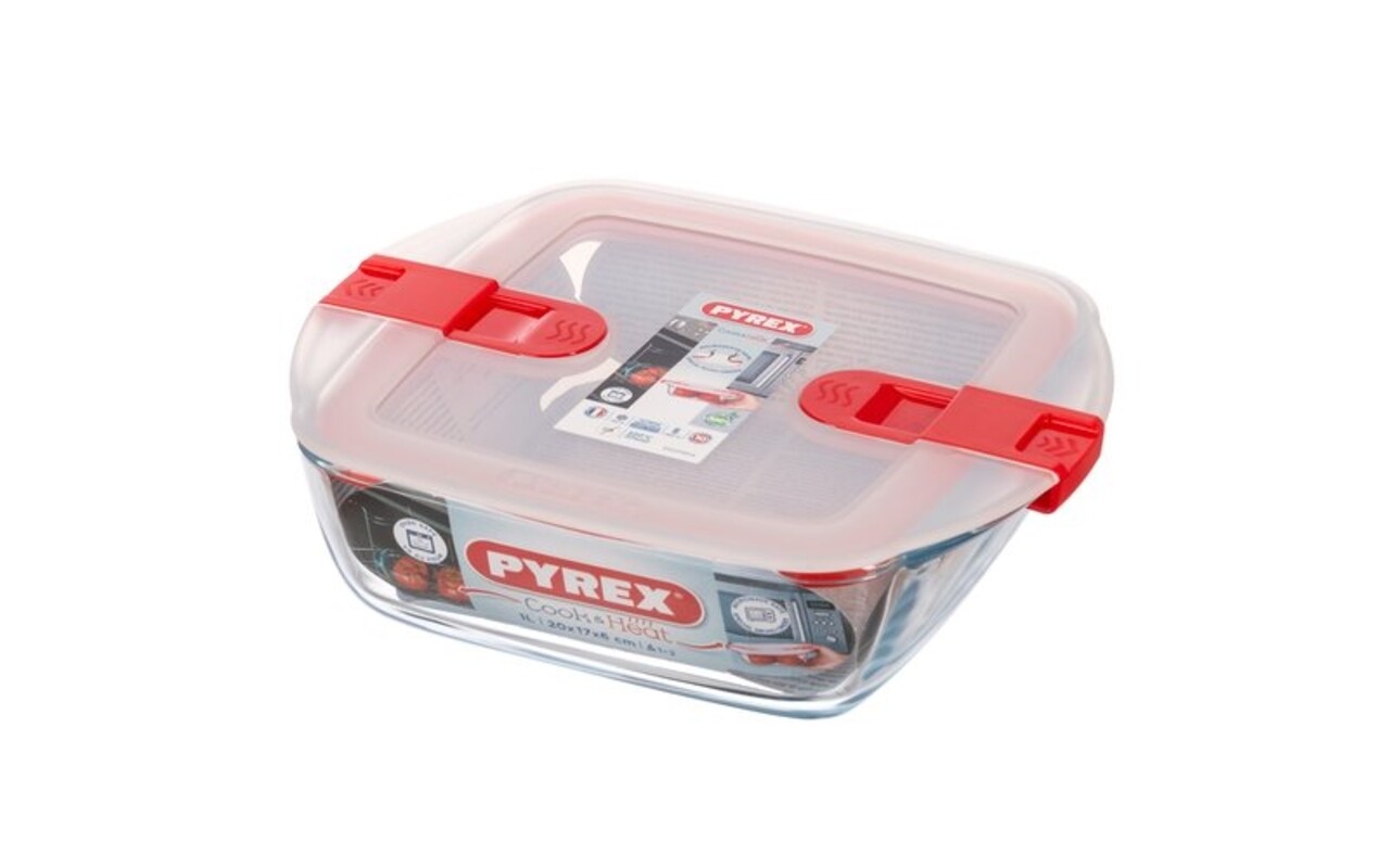 Négyzet Alakú Edény Fedéllel, Pyrex, Cook & Heat, 1 L, Hőálló üveg / Műanyag