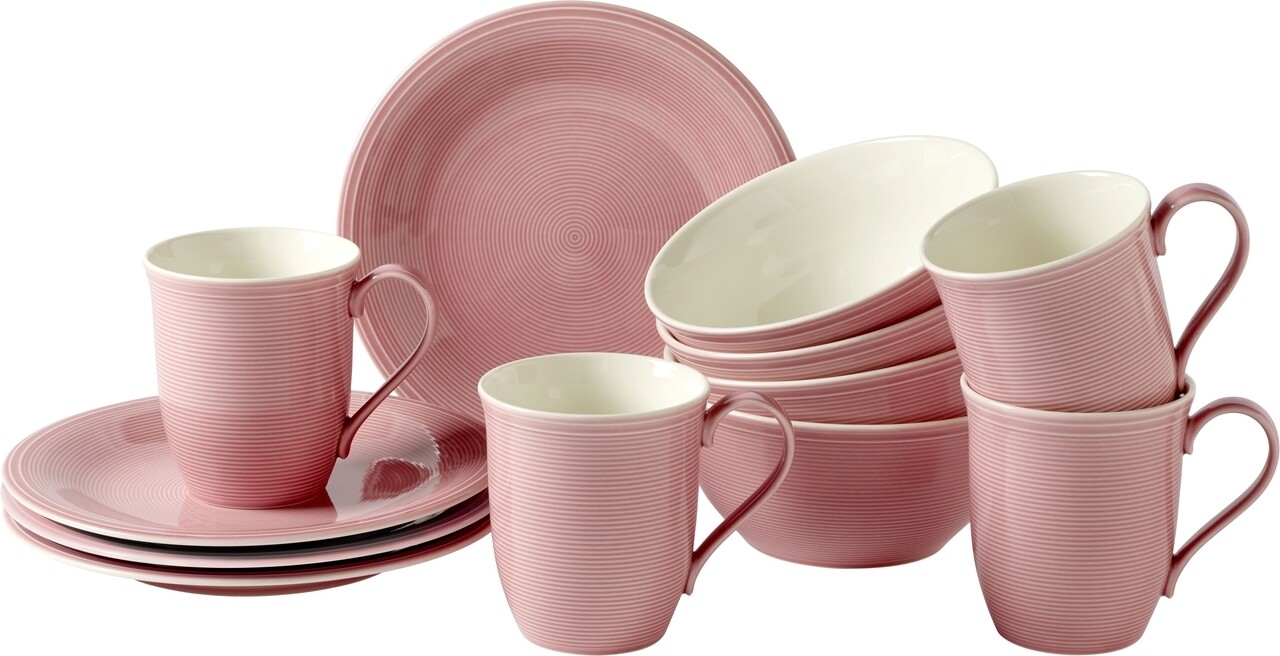 Reggeli szett 12 darab, mint a Villeroy & Boch, Color Loop Rose, prémium porcelán, rózsaszín