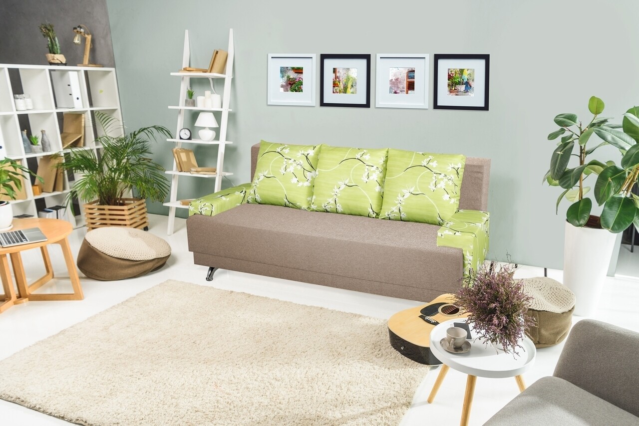 Roma Kihúzható kanapé Beige Jasmine Flower 205x90x86 cm + tárolóládával