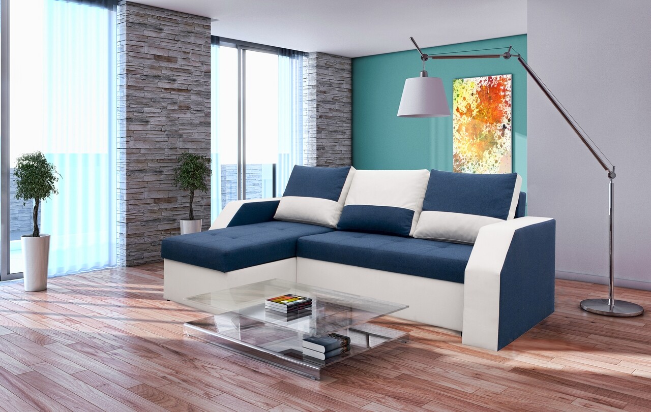 Bedora madrid kanapé sarok, 226x145x79 cm, 2 tárolódoboz, megfordítható, fehér / olajkék