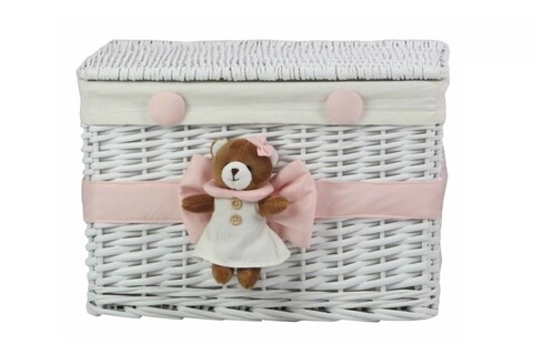 Kosár M Pink Bear, Bedora, fűz / textil, fehér / rózsaszín