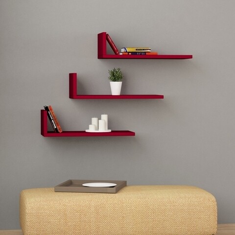 Set 3 rafturi pentru perete L-Model, Decortie, 50x20x14 cm, visiniu