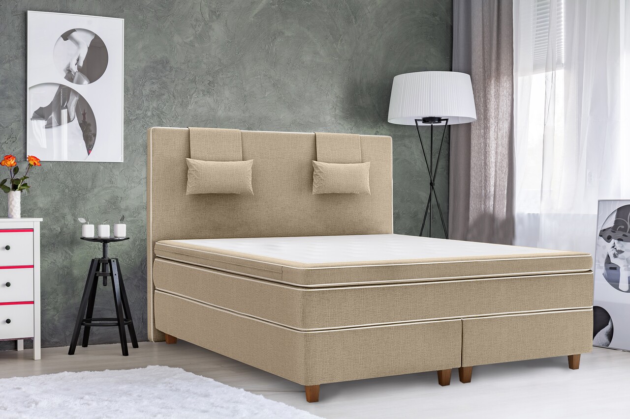 Essience stockholm franciaágy, 180x200 cm, pocket típusú matrac,  latex fedőmatrac, krémszín