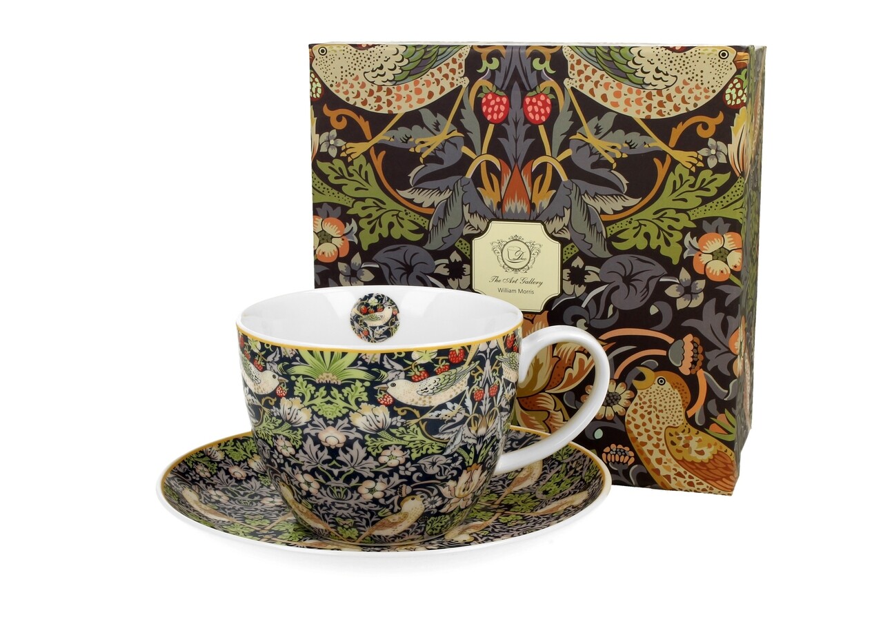 Jumbo Csésze Tányérral, DUO, William Morris - Strawberry Thief Blue, 450 Ml, Porcelán, Többszínű