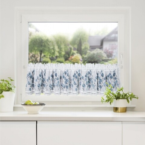 Eurofirany Függöny, Blue Flowers, 30x150 cm, poliészter, fehér / kék