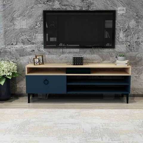 LINA TV szekrény, Gauge Concept, 150x35x54,6 cm, PAL, tölgy / kék