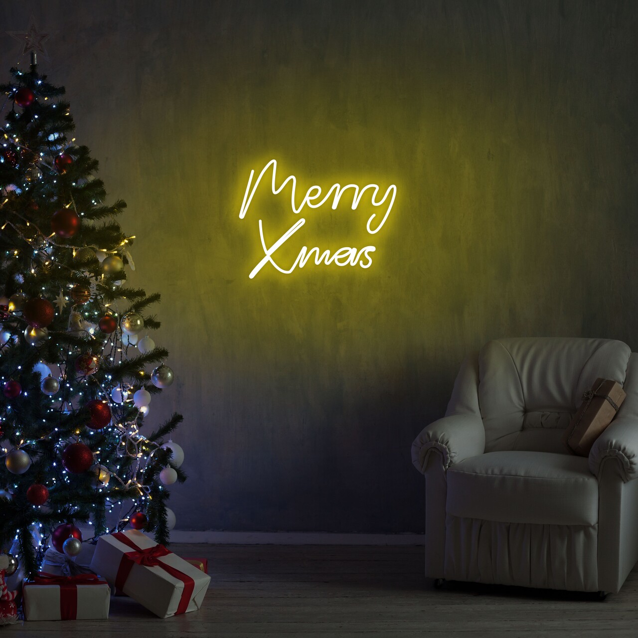 Merry Christmas Neon Graph Fali lámpa, 43x33x2 cm, sárga