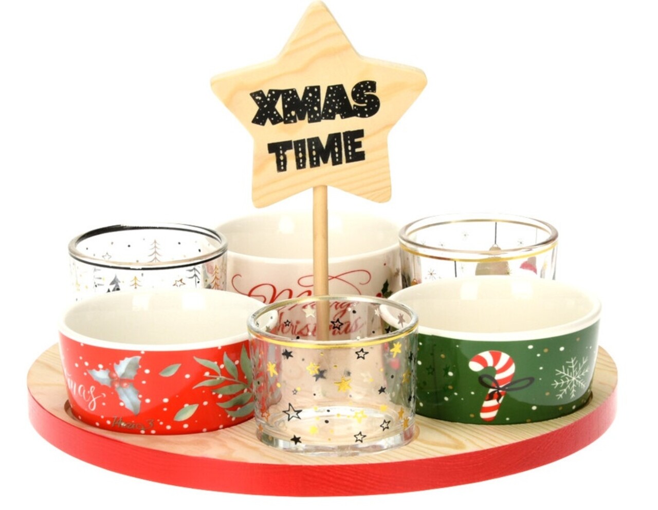 Xmas Star Szett harapnivalónak, 6 darabos, porcelán/fa, színes