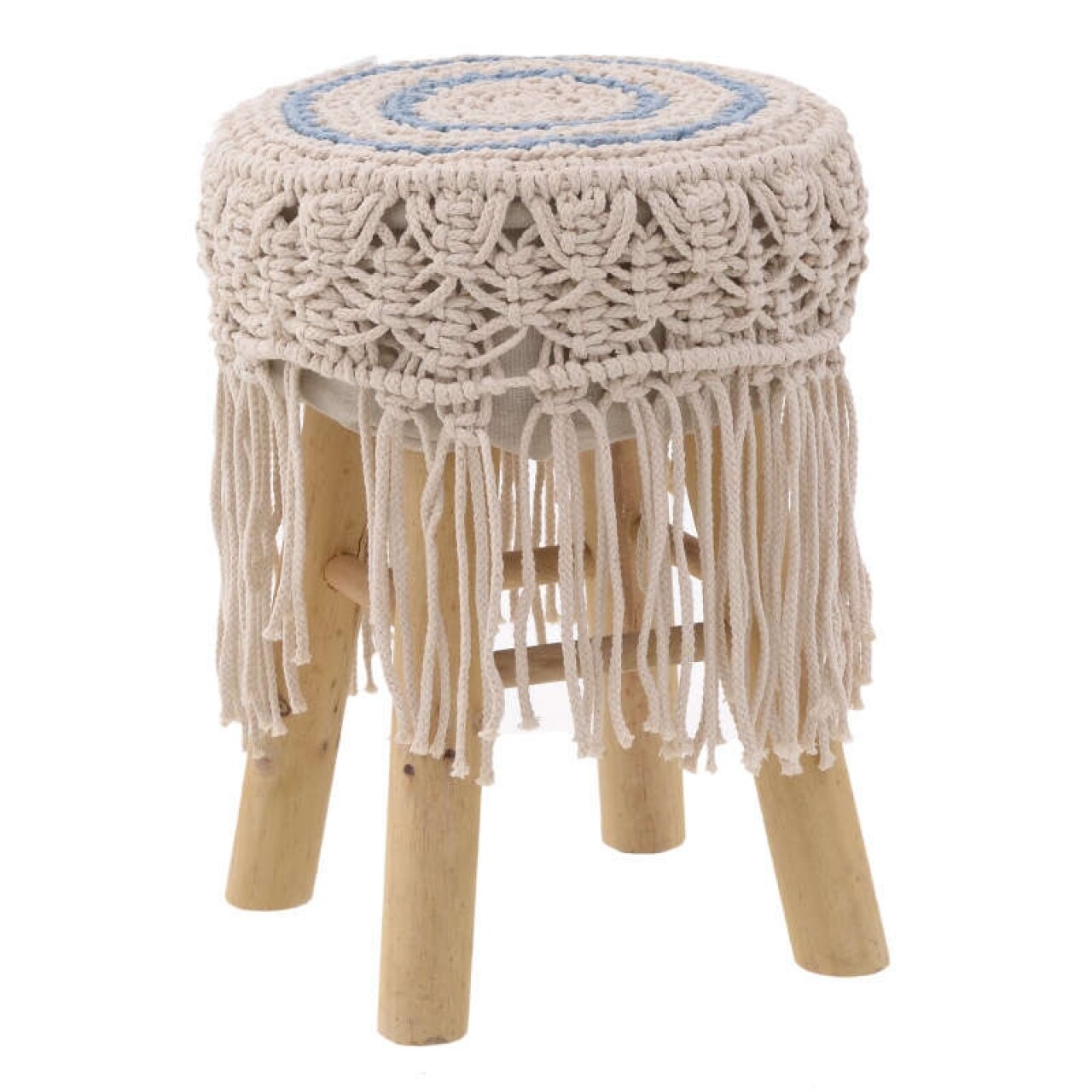 Taburet inart macrame ecru natural, 30 x 42 cm, lemn de mesteacan/poliester, ecru/albastru