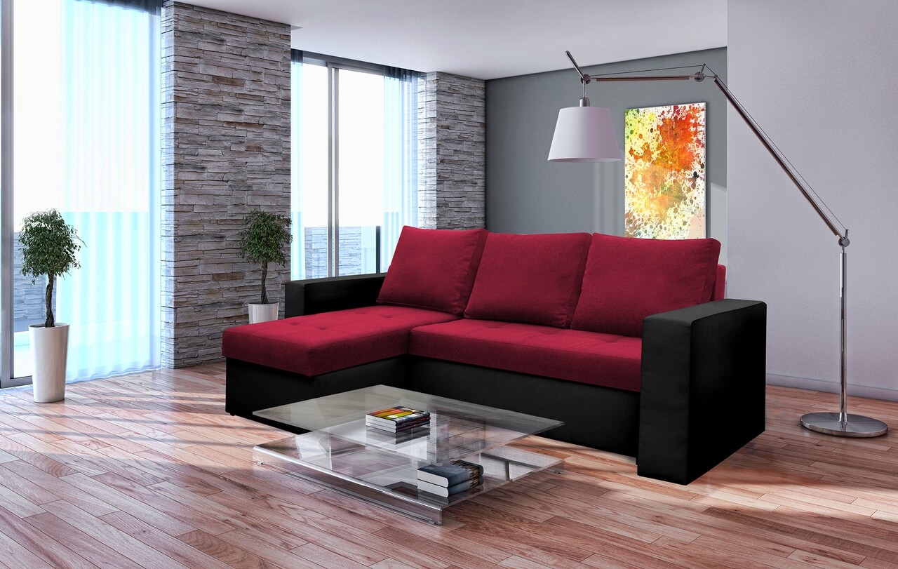 Bedora toledo kanapé sarok, 226x145x79 cm, 2 tárolódoboz, megfordítható, piros / fekete