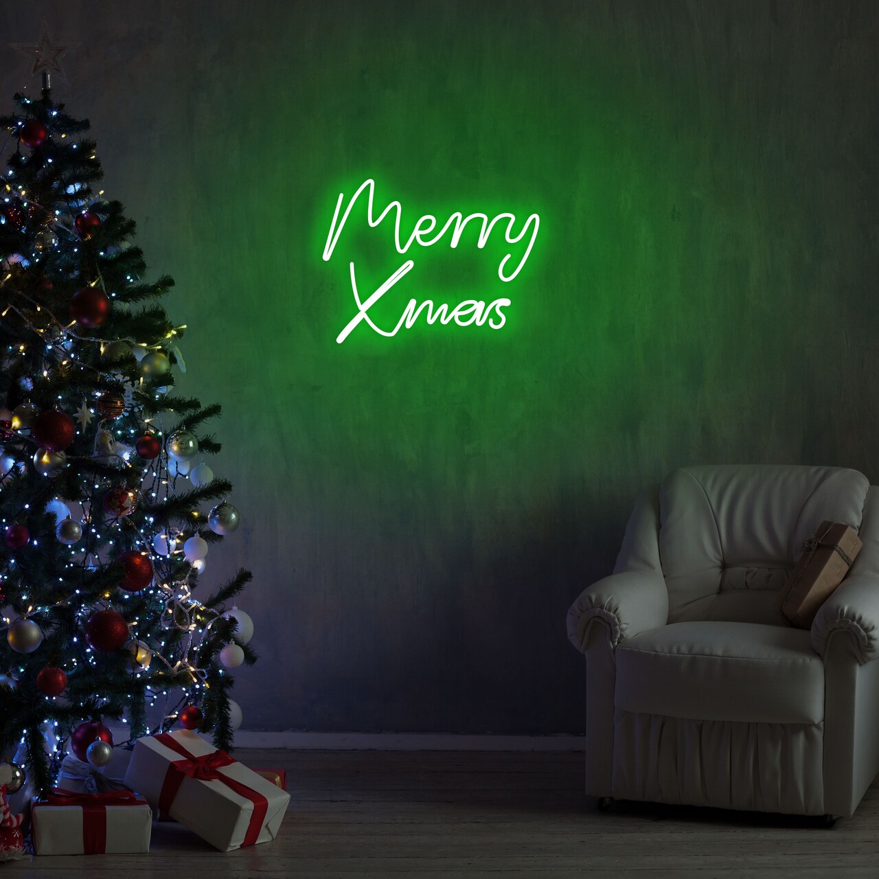 Merry Christmas Fali lámpa, Neon Graph, 43x33x2 cm, zöld