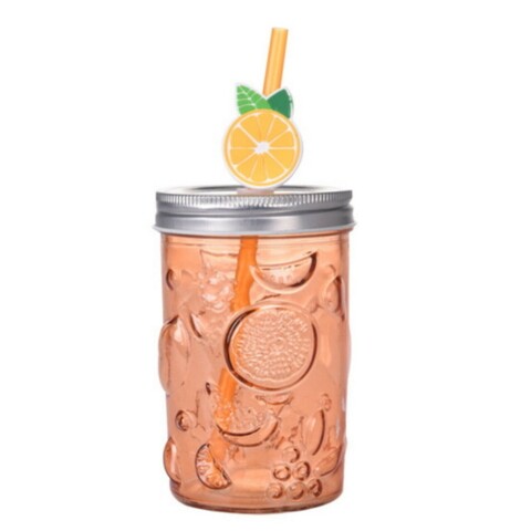 Orange Pohár szívószállal, 500 ml, 10.5x11 cm, üveg, narancssárga