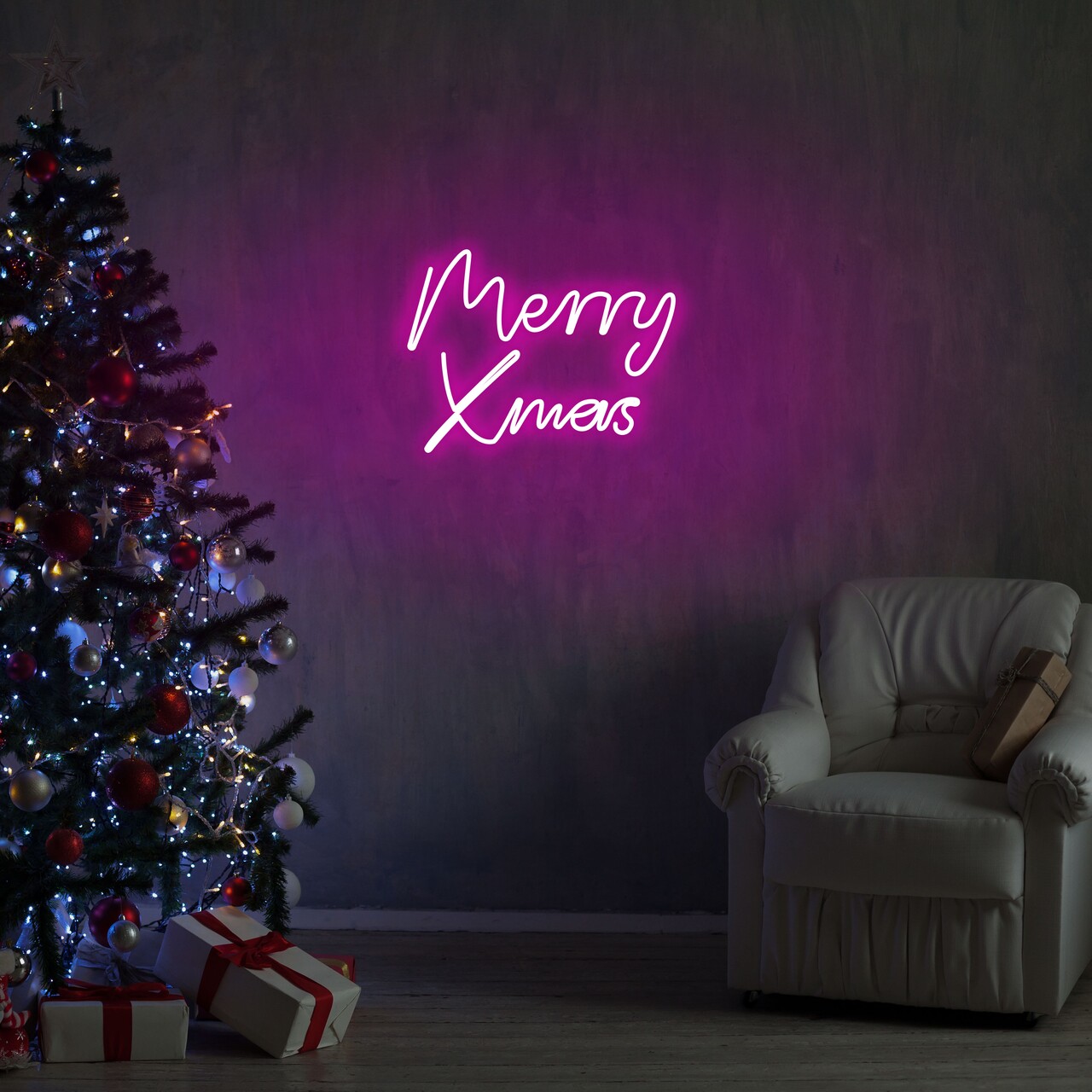 Merry christmas fali lámpa, neon graph, 43x33x2 cm, rózsaszín