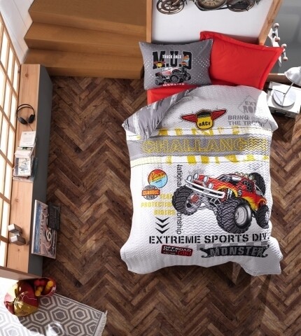 Lenjerie de pat matlasata pentru o persoana Young, 3 piese, 100% bumbac ranforce, Cotton Box, Monster Red
