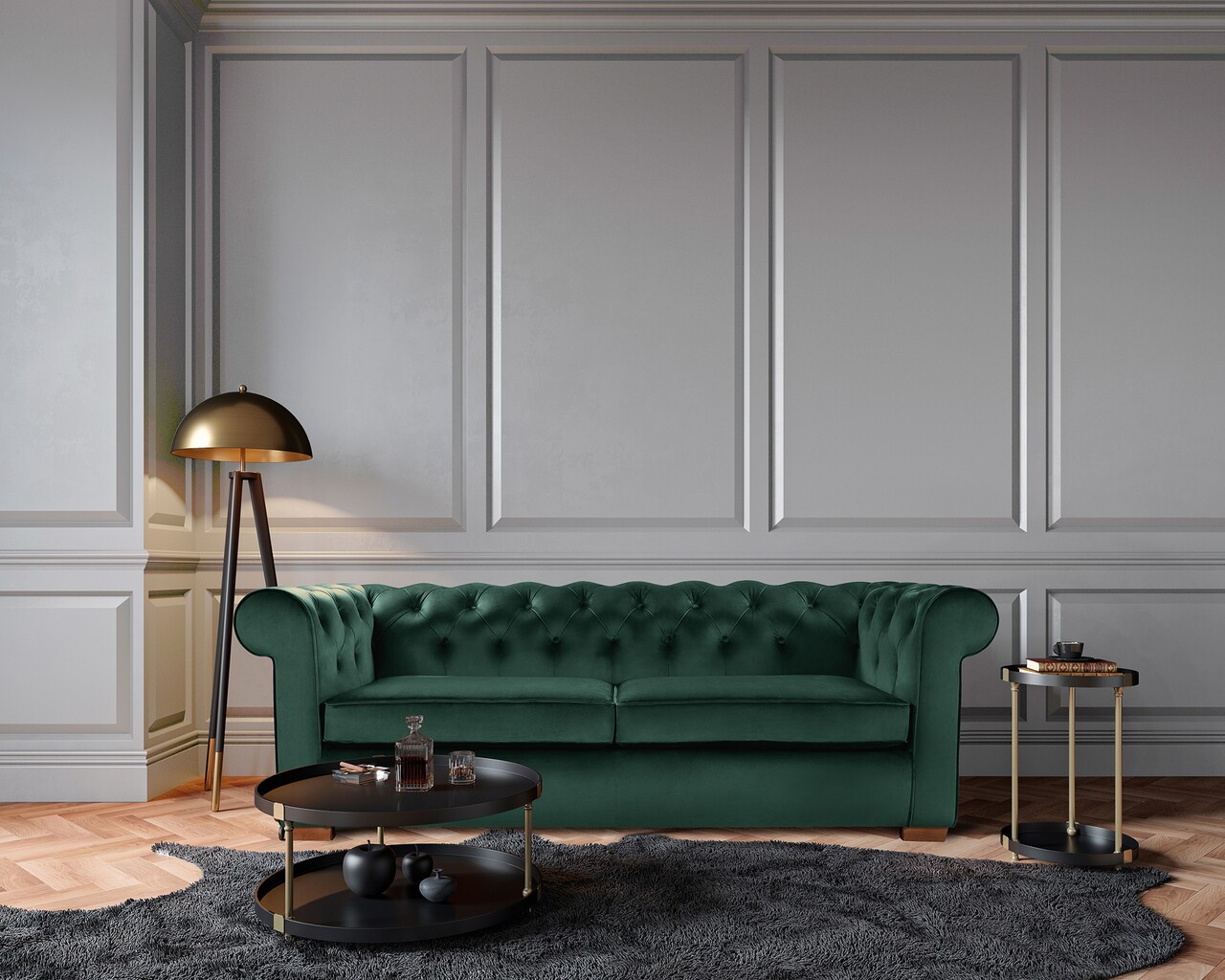 Bedora oxford chesterfield kihúzható kanapé, 88x216x75 cm, 3 személyes, zöld