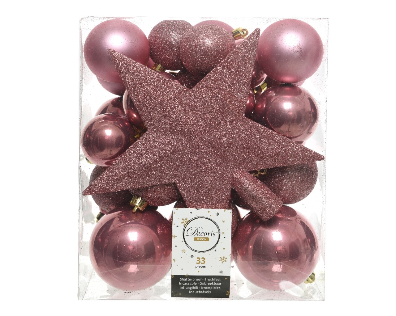 Star Velvet Pink 33 darabos Díszgömb készlet, Díszített, műanyag, világos rózsaszín