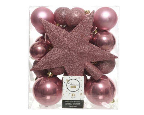 Doboz 33 válogatott földgömbbel és fenyő felsővel Star Velvet Pink, Díszített, műanyag, világos rózsaszín