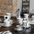6 csésze készlet tányérral, Metropolis Graphic, Tognana, 200 ml, porcelán, fehér / fekete