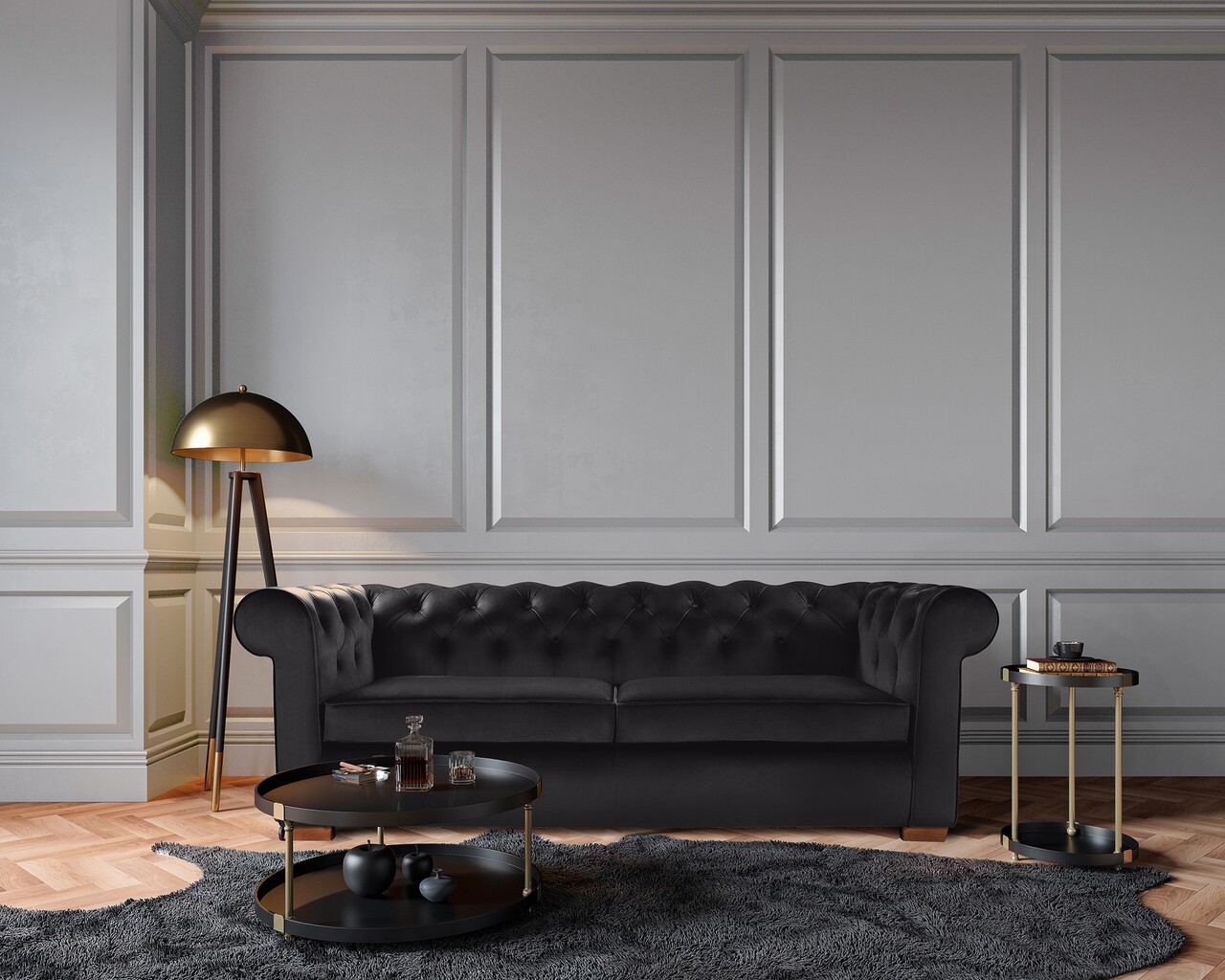 Bedora oxford chesterfield kihúzható kanapé, 88x216x75 cm, 3 személyes, grafit szürke