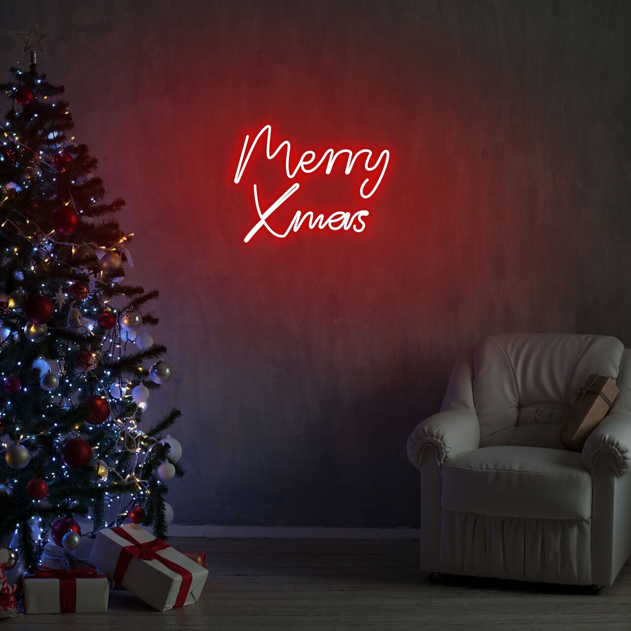 Merry Christmas Fali lámpa, Neon Graph, 43x33x2 cm, piros