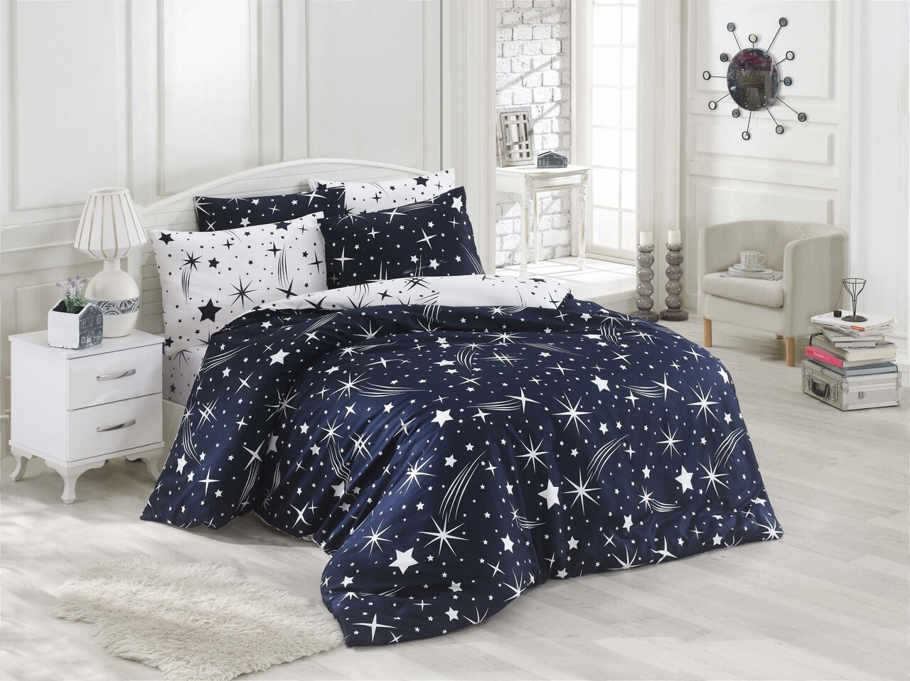 Eponj Home Kétszemélyes ágynemű, Halley Dark Blue, 4 Darabos, Kevert Pamut , Fehér/tengerkék