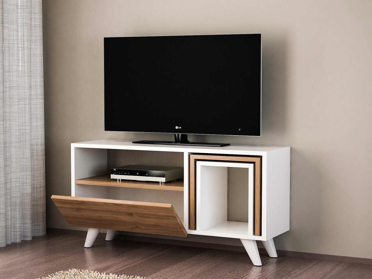 Novella K2 TV Komód Asztalkával, Furny Home, 90x29.5x51 Cm, Fehér/bézs