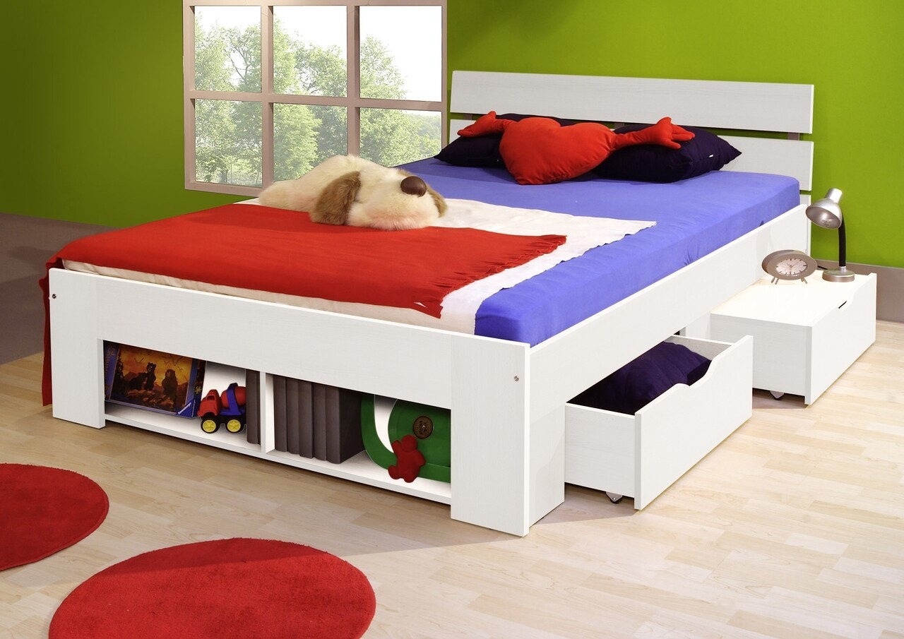 Pol power pinto ágy 2 fiókkal a kerekeken + 2 nyitott tárolóhely, 140 x 200 cm, forgácslap, fehér
