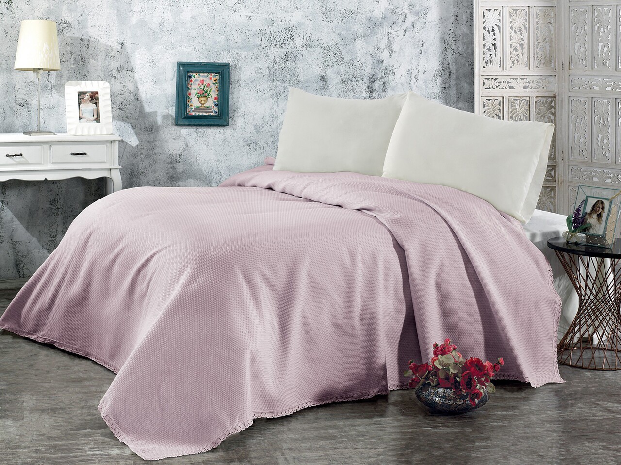 Pique kétszemélyes ágytakaró, 220x240 cm, 100% pamut, sude, whitney, púder rózsaszín