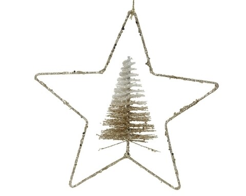 Csillag fa díszítéssel, Dekor, 30x6 cm, fém, pezsgő / arany