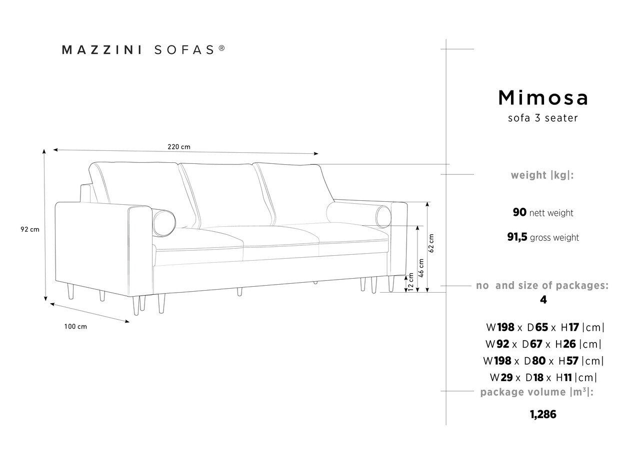 Mimosa Kihúzhatós Kanapé, Mazzini Sofas, 3 Személyes, Tárolóládával, 220x100x92 Cm, Bársony, Piros