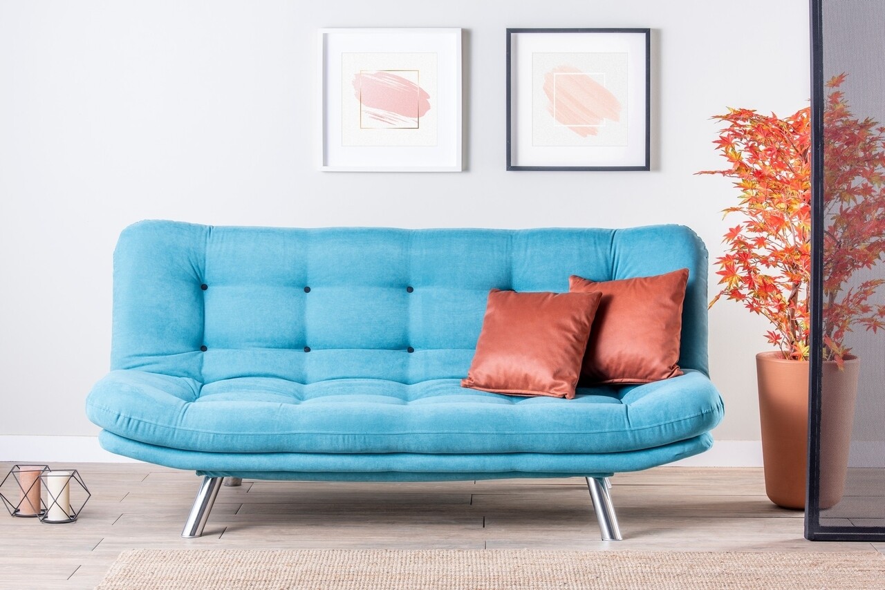 Misa Sofabed Kihúzható kanapé, Futon, 3 személyes, 198x128 cm, fém, türkiz