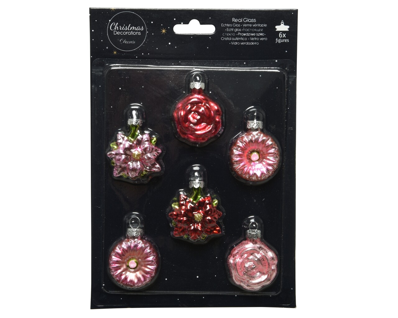Doboz 6 válogatott gömbökkel Virágkarácsony, Díszített, üveg, sokszínű
