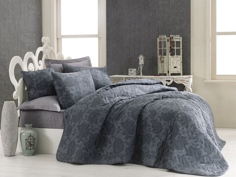 Set cuvertura de pat dubla matlasata, Eponj Home, Jamie Anthracite, 3 piese, 65% bumbac, 35% poliester, antracit