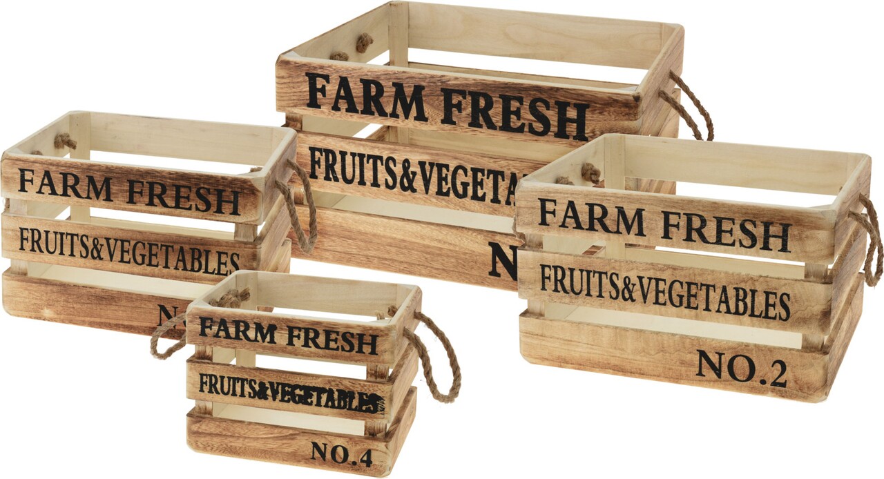 Farm Fresh 4 darabos Gyümölcs/zöldség kosár szett, fa/madzag, barna/fekete