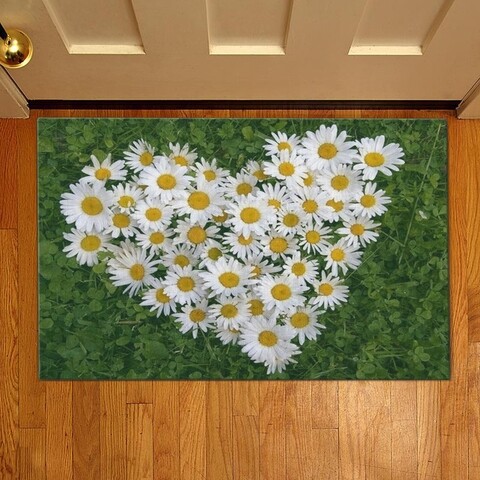 Virágszív bejárati szőnyeg, Casberg, 38x58 cm, poliészter, zöld/fehér
