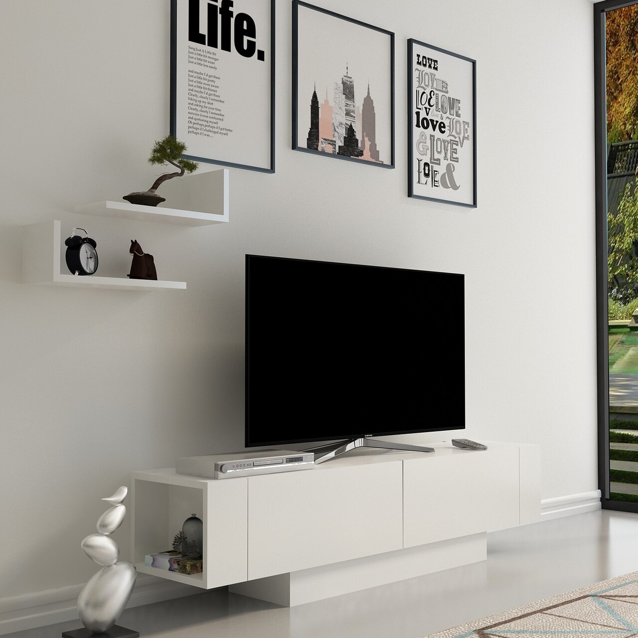 Matera TV Komód és 2 db Fali polc, Zena Home, 150x31.5x41.6 cm, fehér