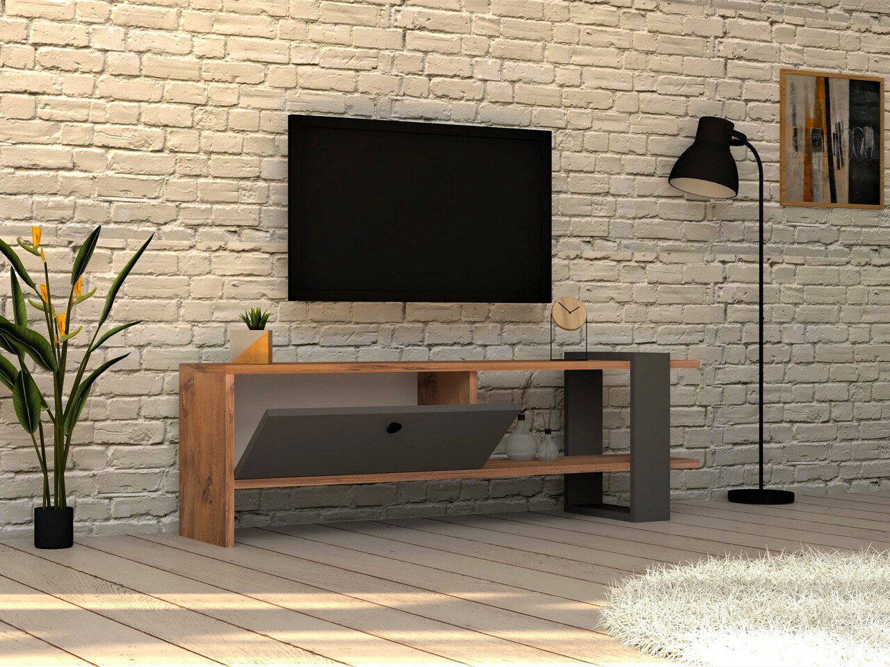 TV Ova TV Komód, Puqa Design, 120x25x36.8 Cm, Antracit/természetes