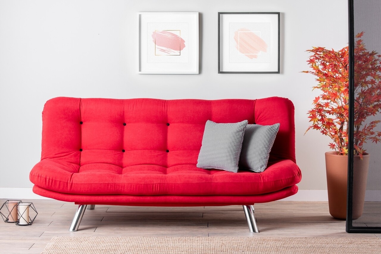 Misa Sofabed Kihúzható kanapé, Futon, 3 személyes, 198x128 cm, fém, piros