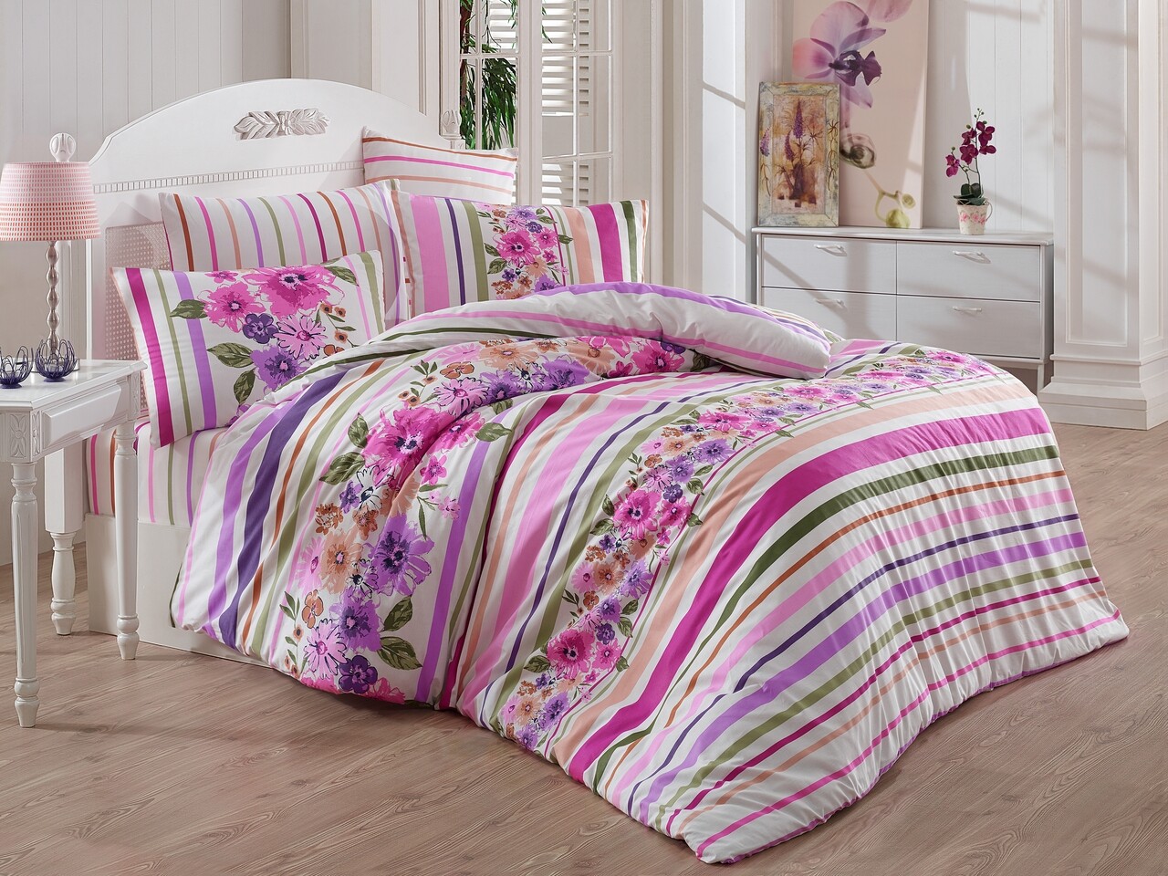 Lenjerie de pat pentru o persoana Carolin v2, Majoli Home Collection, 3 piese, 160x240 cm, bumbac ranforce, multicolor