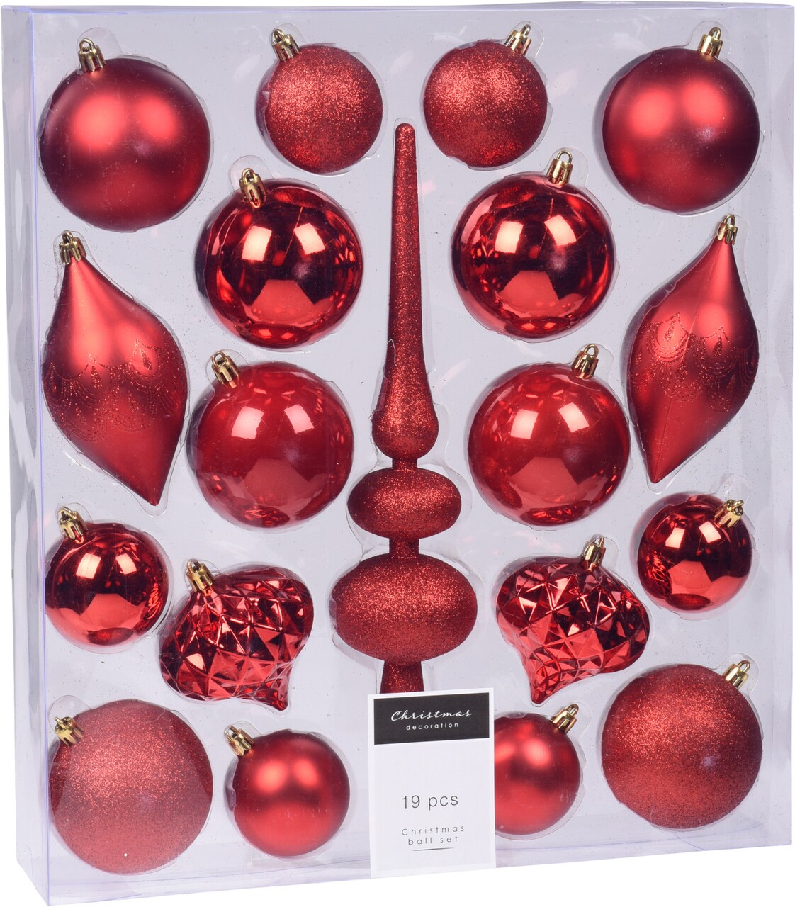 Doboz 18 földgömbbel és karácsonyi fenyő felsővel, szintetikus, piros