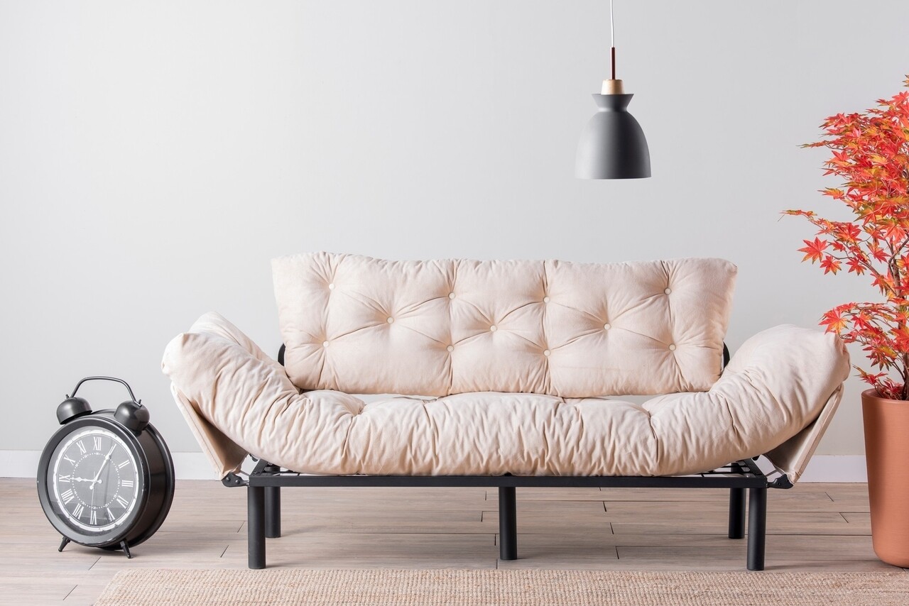 Nitta Triple Kihúzható kanapé, Futon, 3 személyes, 225x70 cm, fém, krémszín