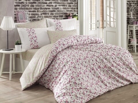 Lenjerie de pat pentru o persoana, 3 piese, 100% bumbac poplin, Hobby, Luisa, roz/bej