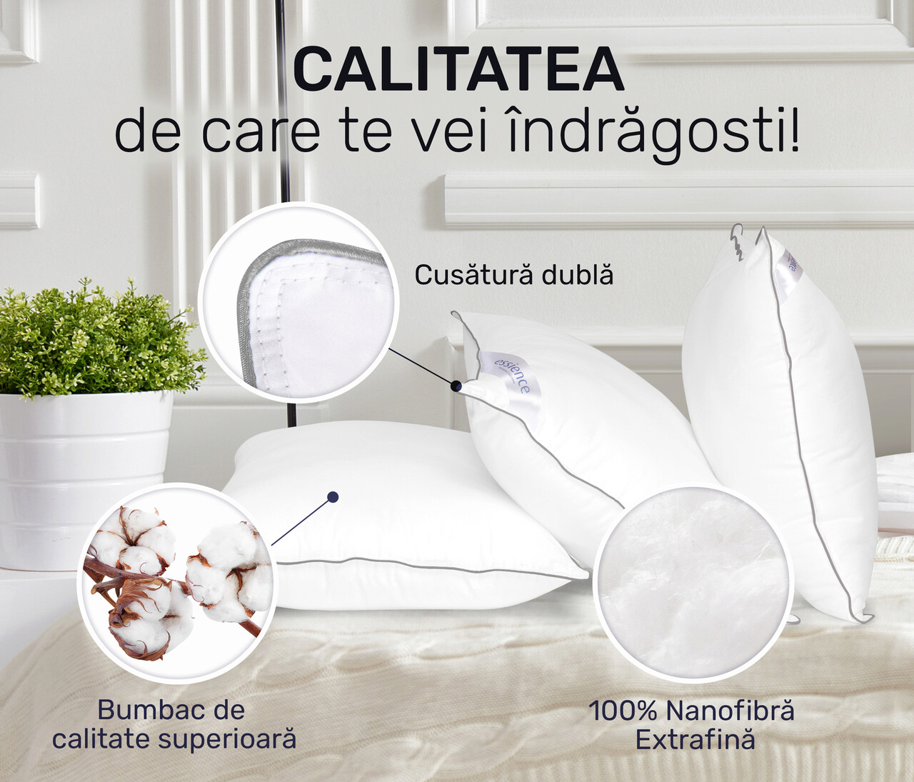 Set 2 Perne 50x70 Cm, Essience Premium Collection, Husa 100% Bumbac; Umplutura Nanofibra Extrafina; Suport Orto-cervical