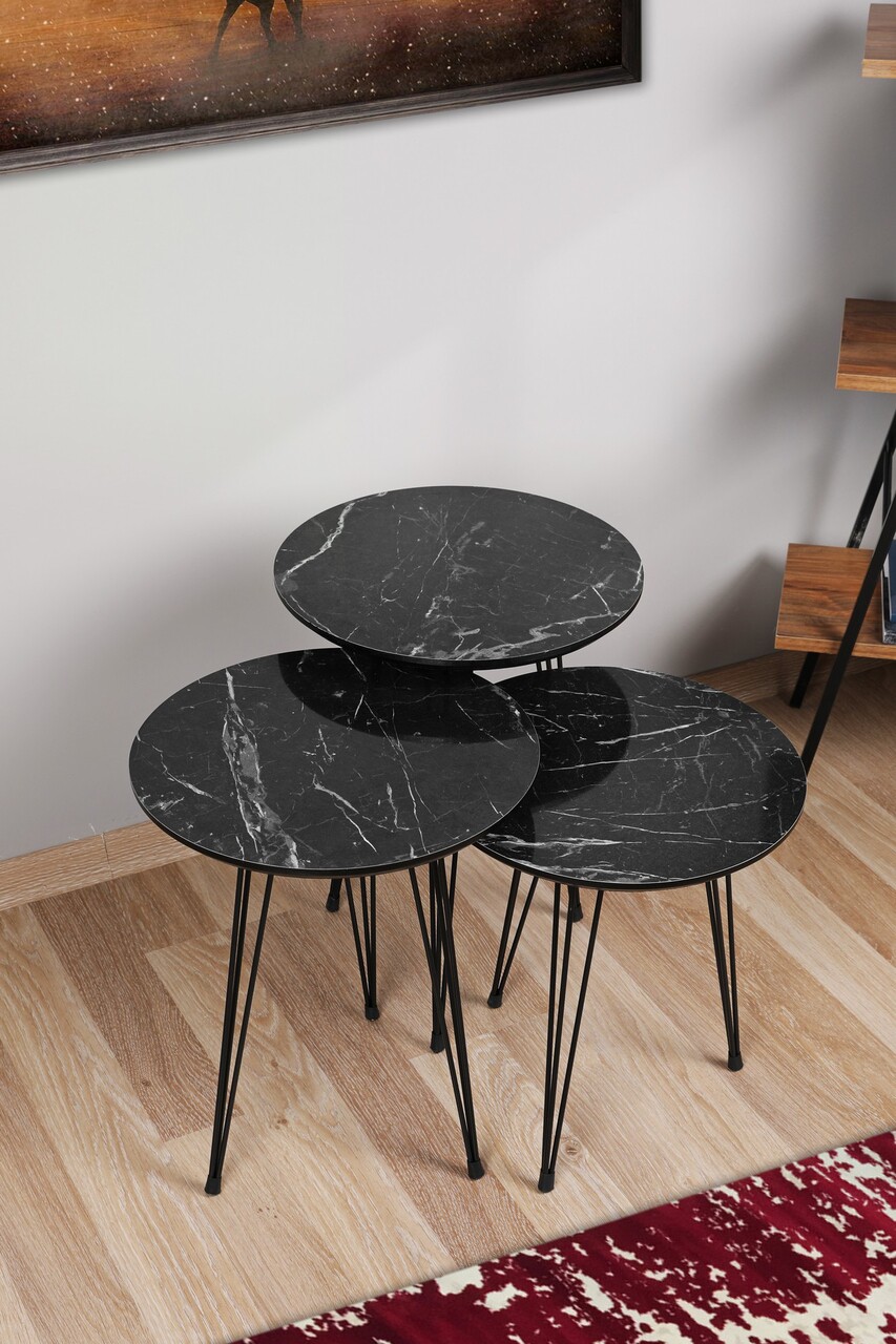 Siyah Mermer 3 db Asztalka, Plass Design, 38x55 cm, MDF, szürke/fekete