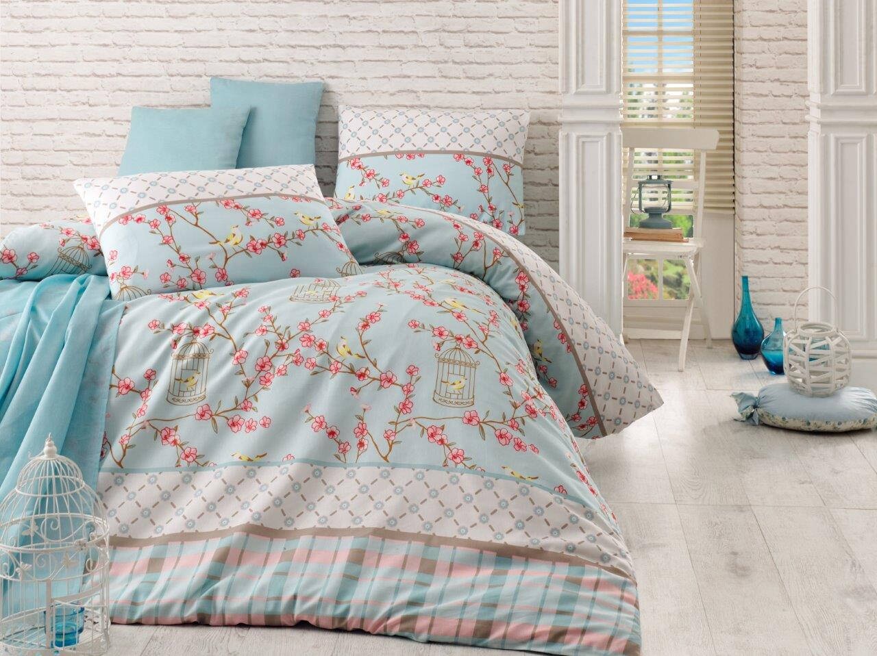 Eponj home king quilt(eu) birdcage kétszemélyes ágynemű, enlora home, 3 piese, 240x220 cm, kevert pamut, türkiz