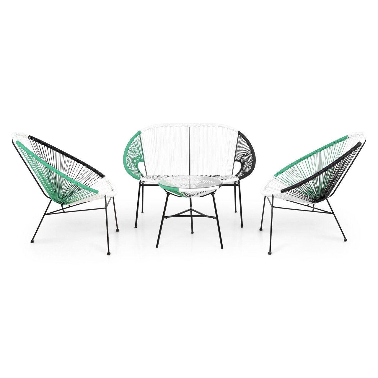 Corfu/Kerti terasz bútor szett, 2 db fotel kanapéval és asztalka, acél, zöld/fehér/fekete