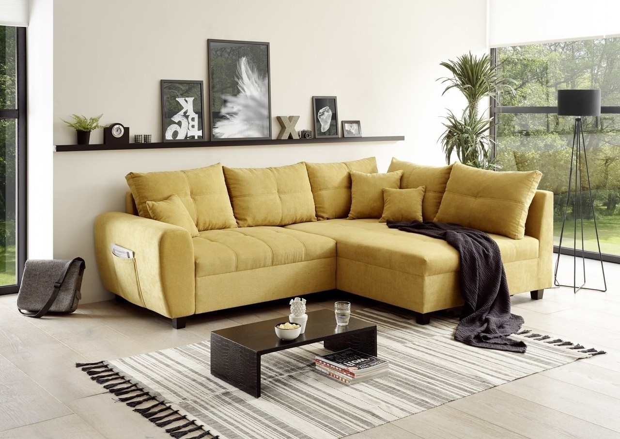Kihúzható jobb sarok kanapé Lea Uran, 3 hely, 248 x 87 x 176 cm, forgácslap / fa / poliészter, mustár