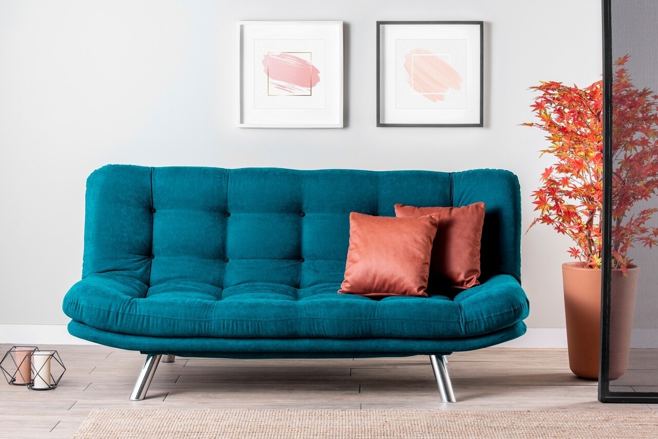 Misa sofabed kihúzható kanapé, futon, 3 személyes, 198x128 cm, fém, zöld