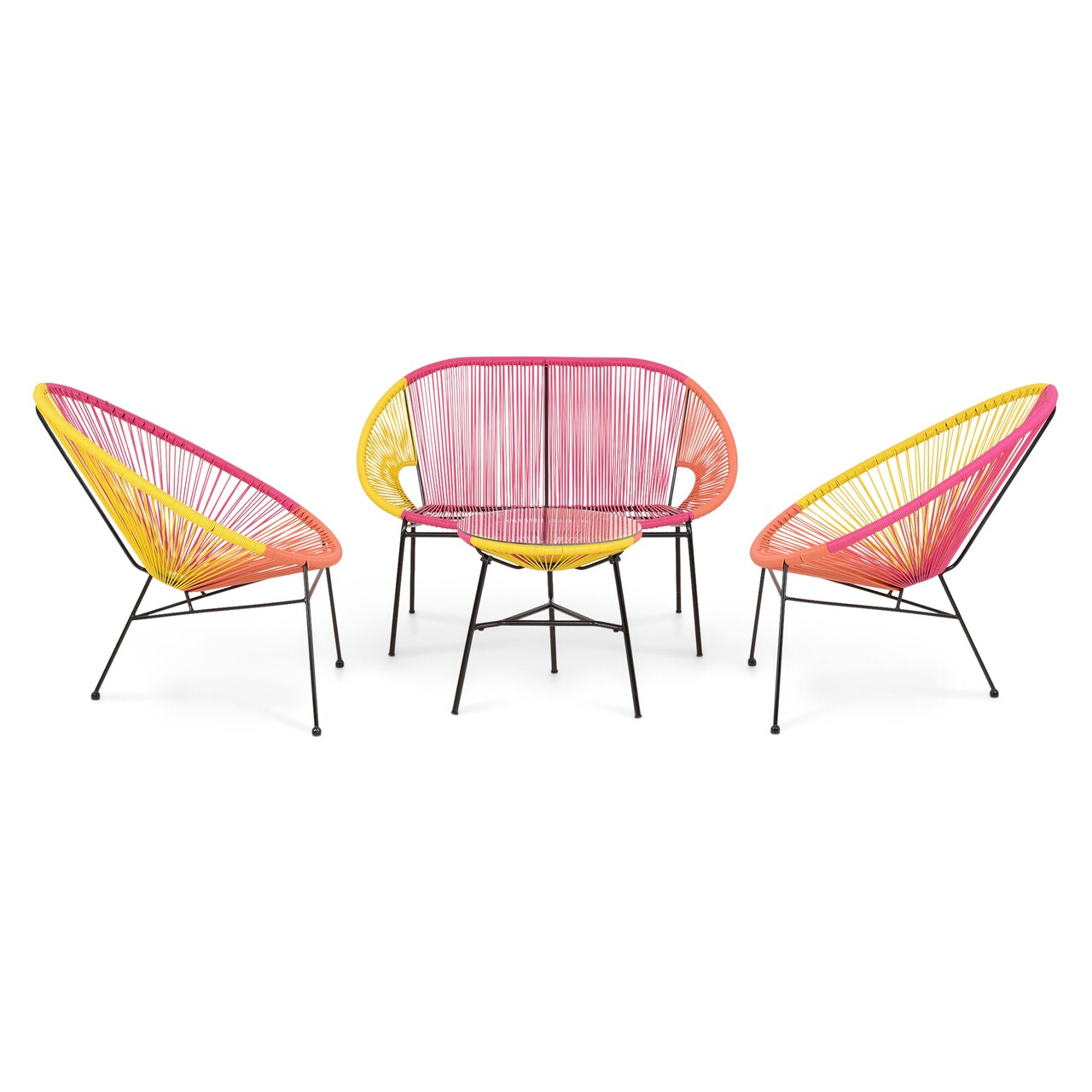Corfu kerti/terasz asztalka, 2 db fotel és kanapé, acél, sárga/narancssárga/piros