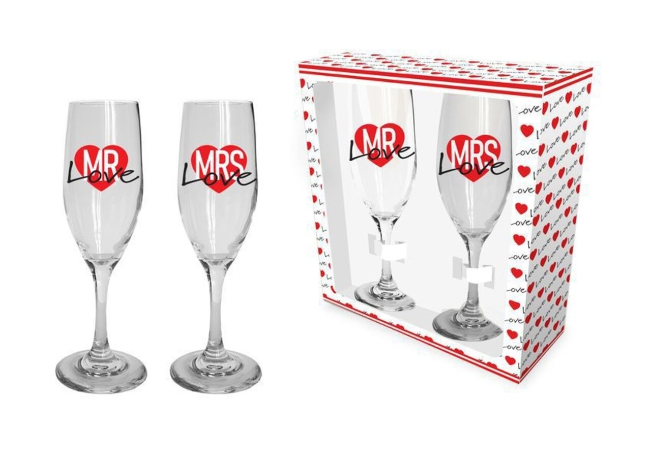 2 db pezsgőspohár készlet Mrs + Mr Love, Bg-Tech, 220 ml, üveg